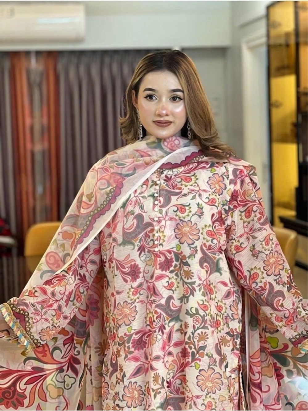 Floral Printed Long Kurta with Matching Dupatta and pant Farsi style in chiffon